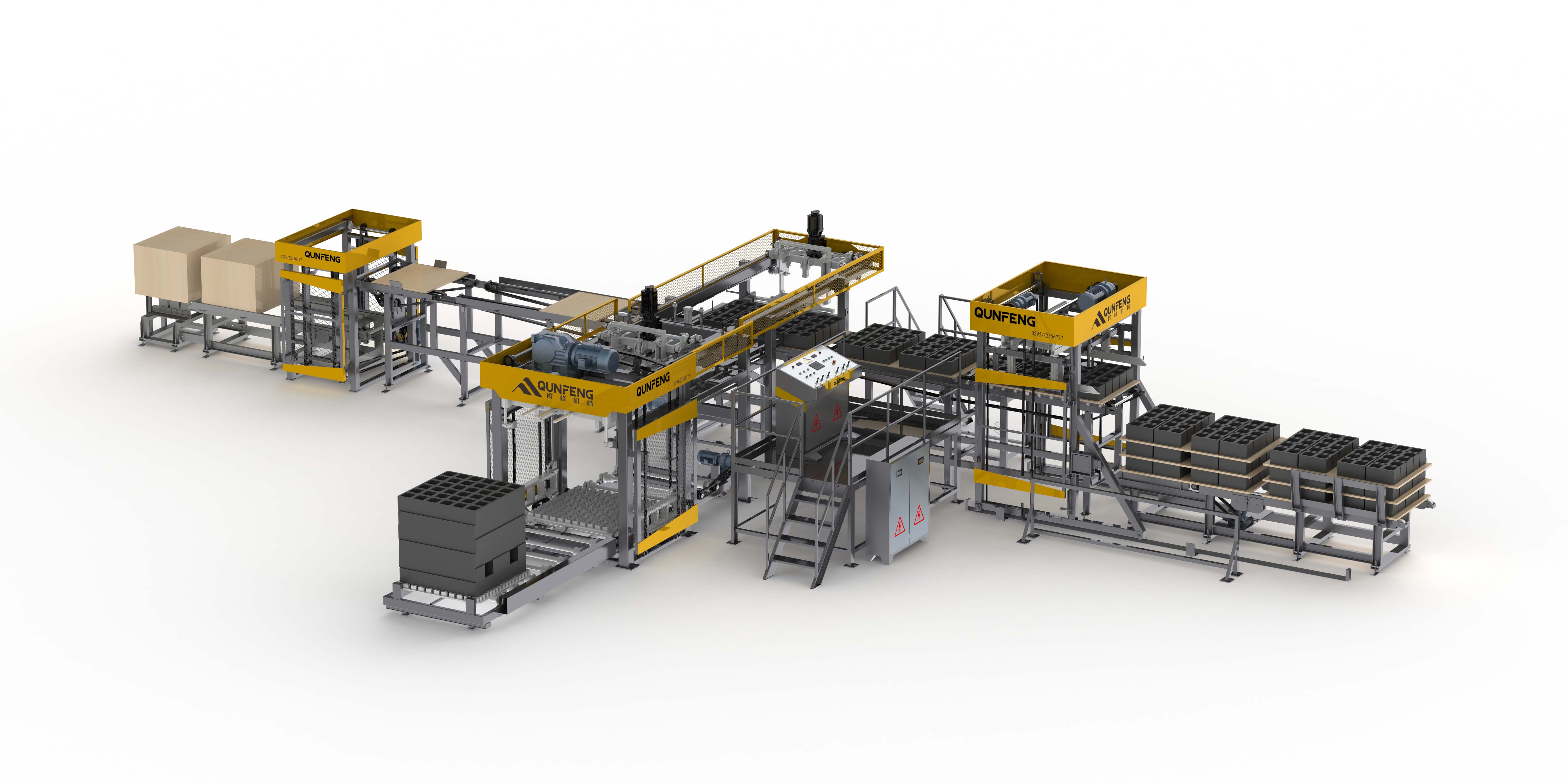 Syst&egrave;me de palettisation en position basse QMD1200D pour blocs de b&eacute;ton, vue de face